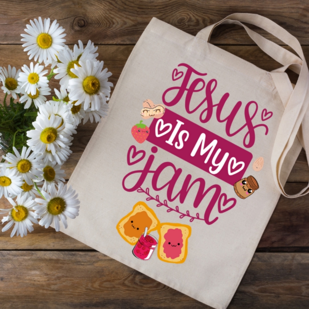 Jesus is my Jam Tote Bag, Cute Kawaii Peanut Butter Jelly Christian Tote Bag
